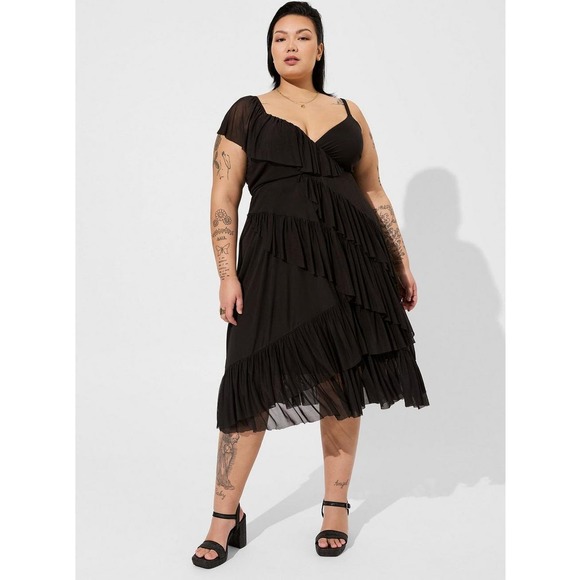 torrid Dresses & Skirts - NWT! Torrid Midi Mesh Ruffle Surplice Dress Black Asymmetrical Skater Plus 6x